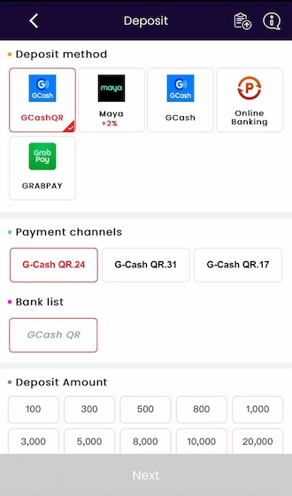 Step 2: Select the deposit method as GCashQR and choose a payment channel