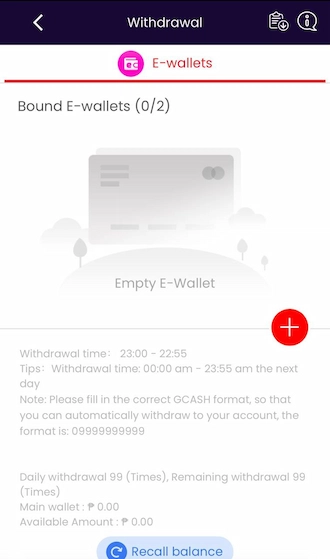 Step 3: Please access the Withdrawal section and select the plus icon to bind e-wallets